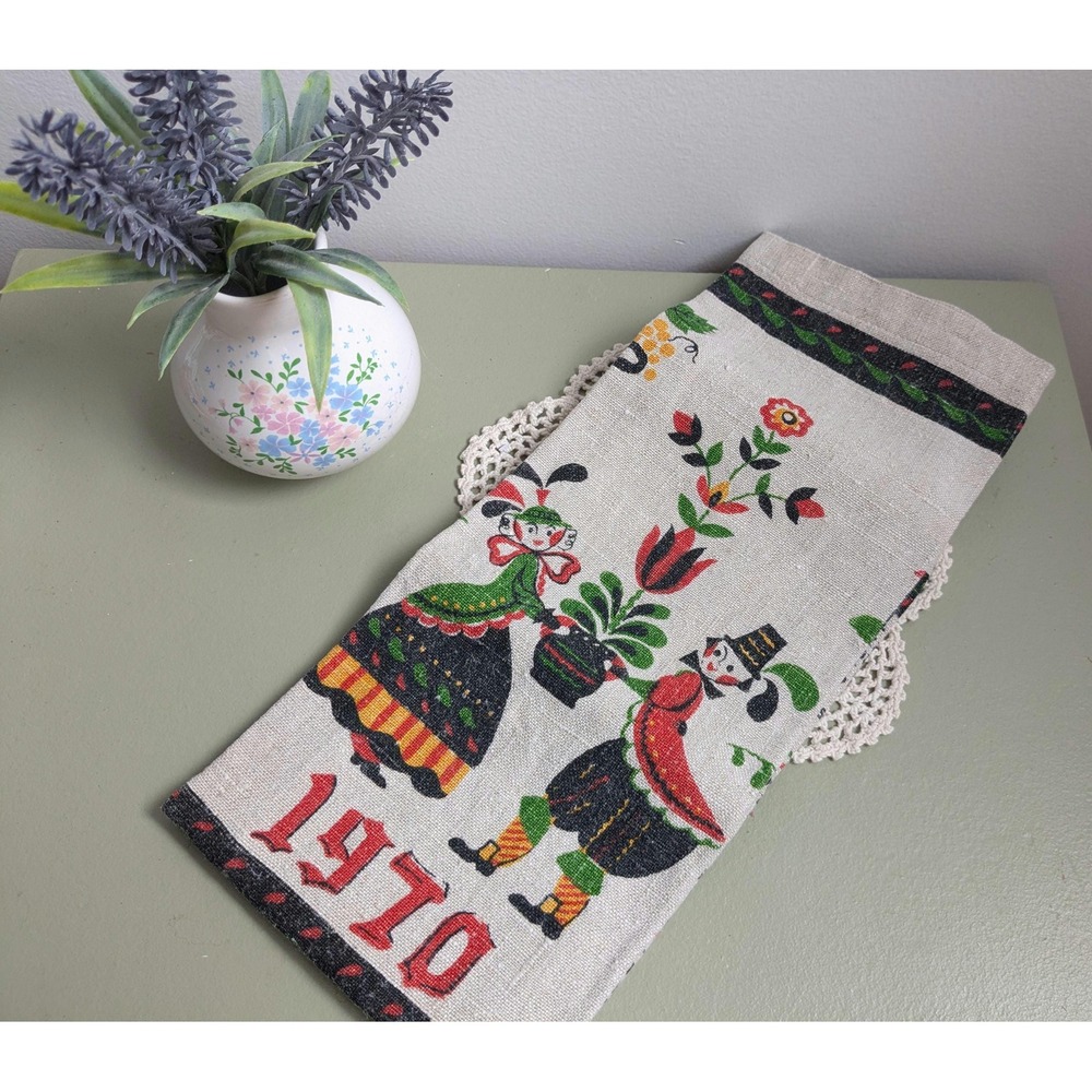 Vintage 1970 Linen Calendar Tea Towel Folk Art Couple Wall Hanging 14 x 24